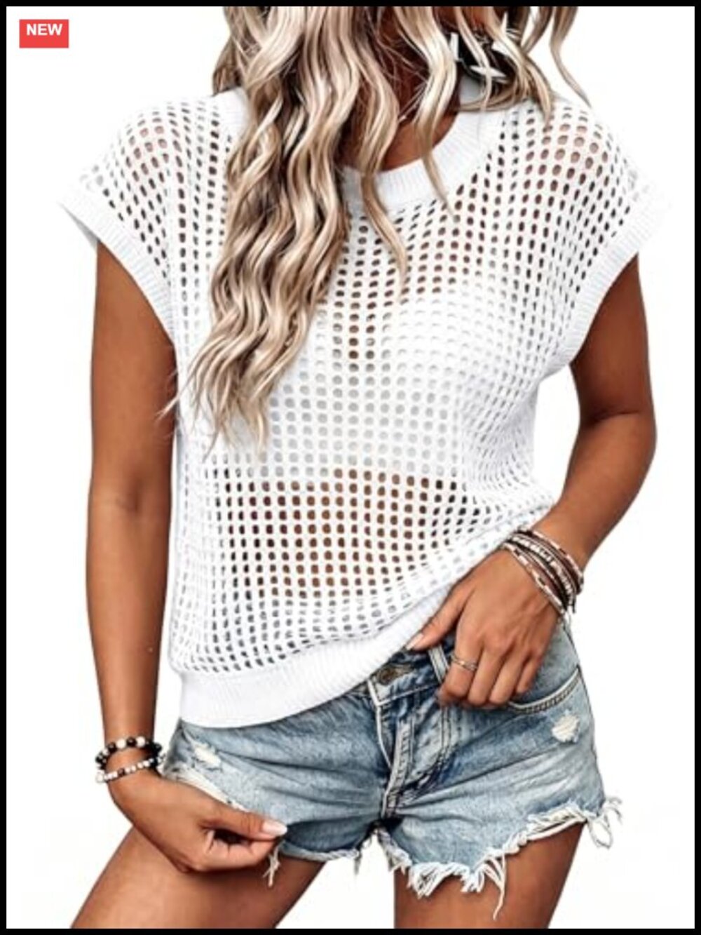 Women's Crochet Sweater Pullover Crew Neck Cap Sleeve Hollow Out Summer Top